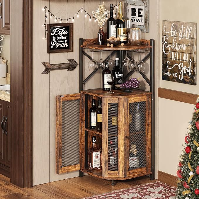 Home Bar Setup - Eck-Barschrank mit Glashalter, Industrieller Weinregal für