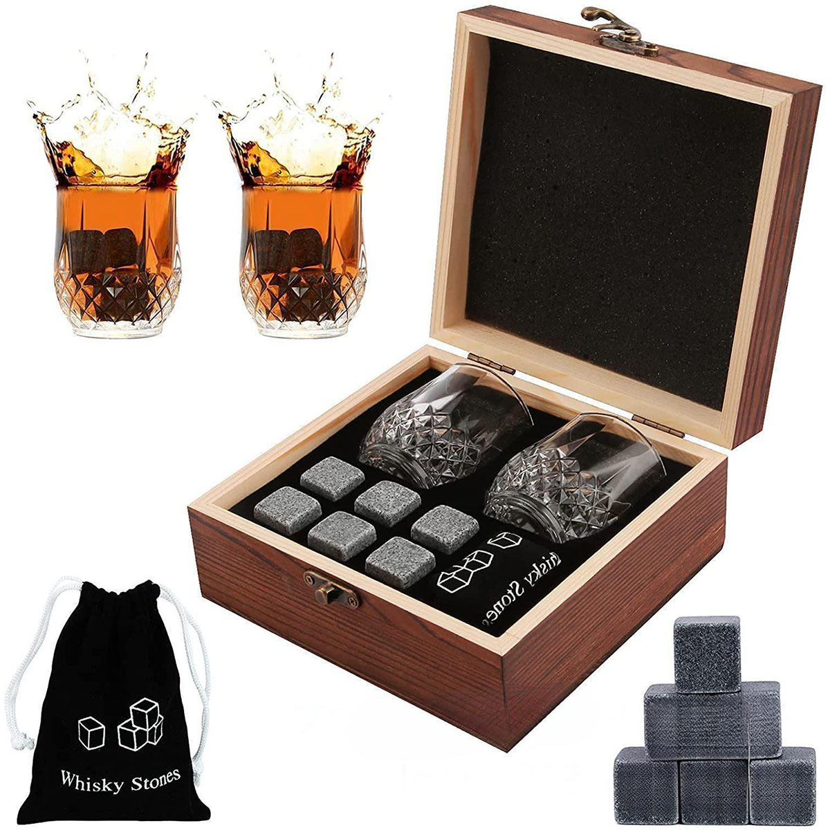 Highball Glass Set - Weihnachts-Valentinstag-Geschenk, Whiskey-Steine, Gläser-Set, Granit-Eiswürfel für Whisky
