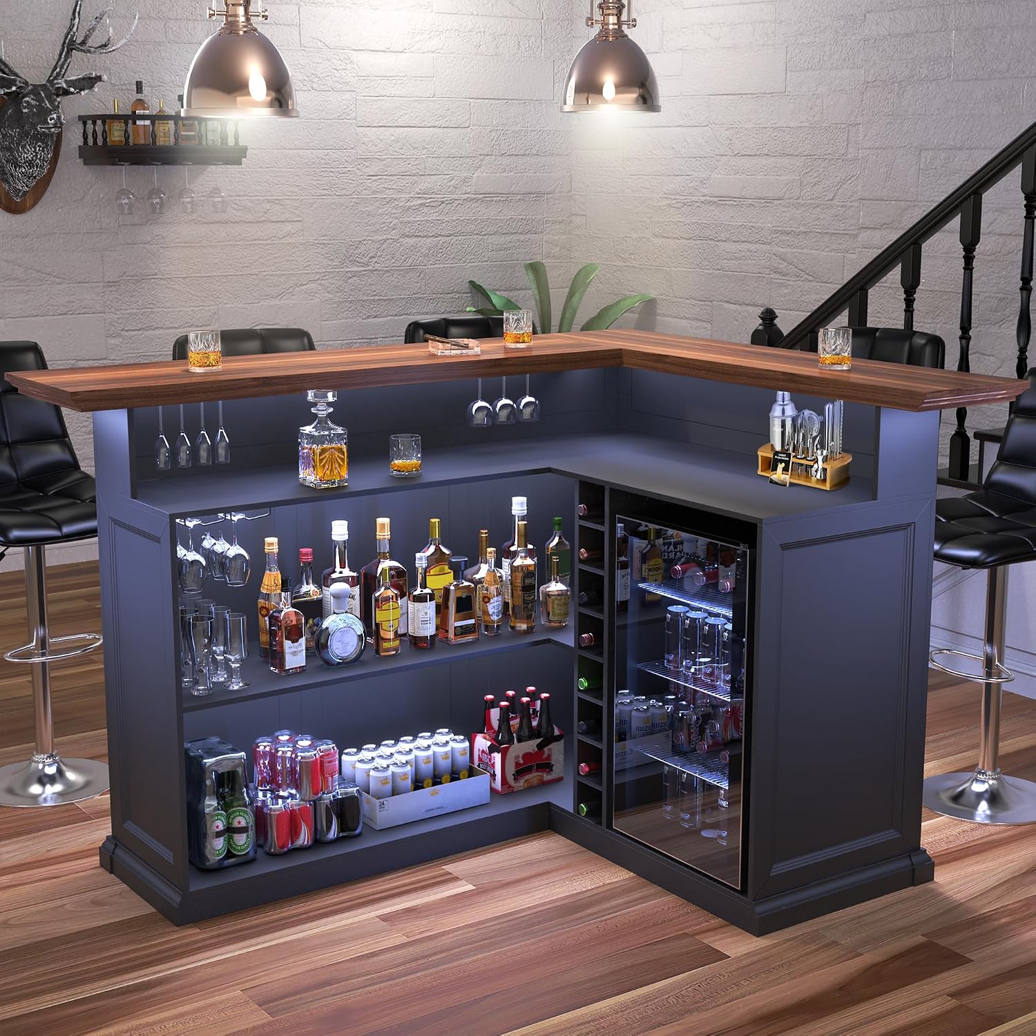 Home Bar Setup - L-förmiger Hausbarschrank mit Kühlschrankfach, Übergroßer Kellerbar