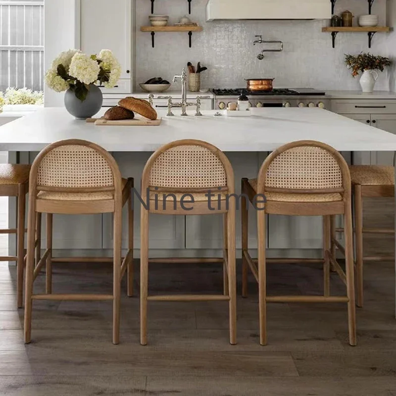 Home Bar Stools - Massivholz-Rattan Küchenbarhocker mit Armlehnen, Design-Salonstühle, Hochstühle